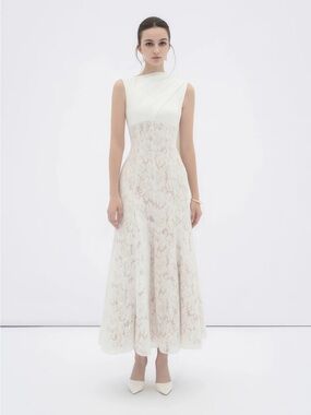 Ivory Lace Maxi Dress with Sleek Bodice